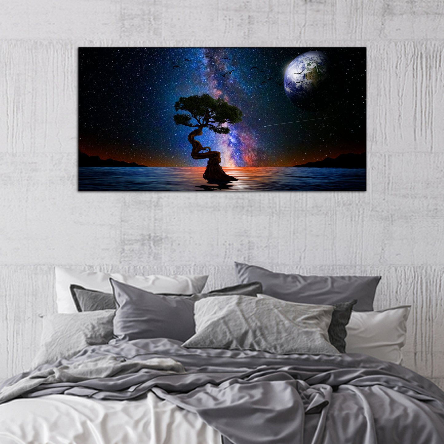 Starry Night Over The Lake With Tree Abstract Canvas Wall Painting