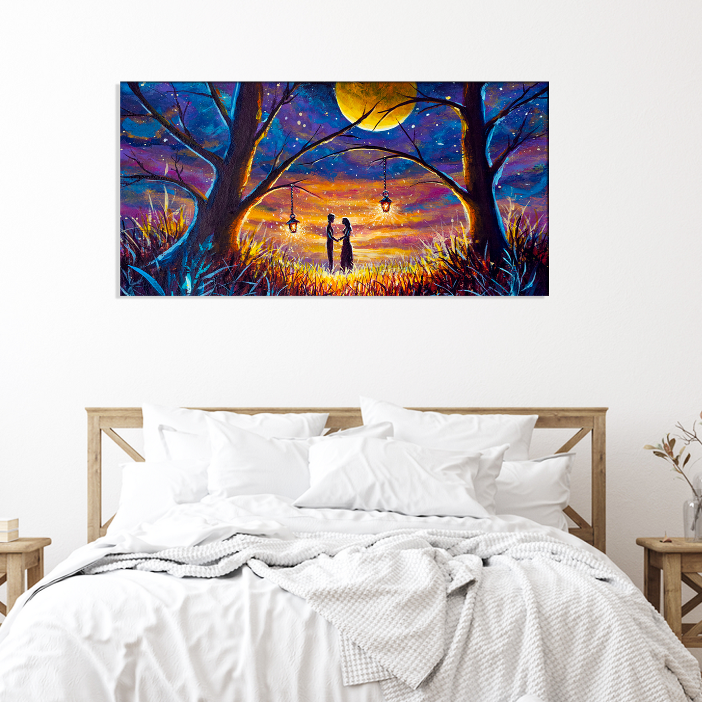 Romantic Couple Sunset With Big Moon Canvas Print Wall Painting