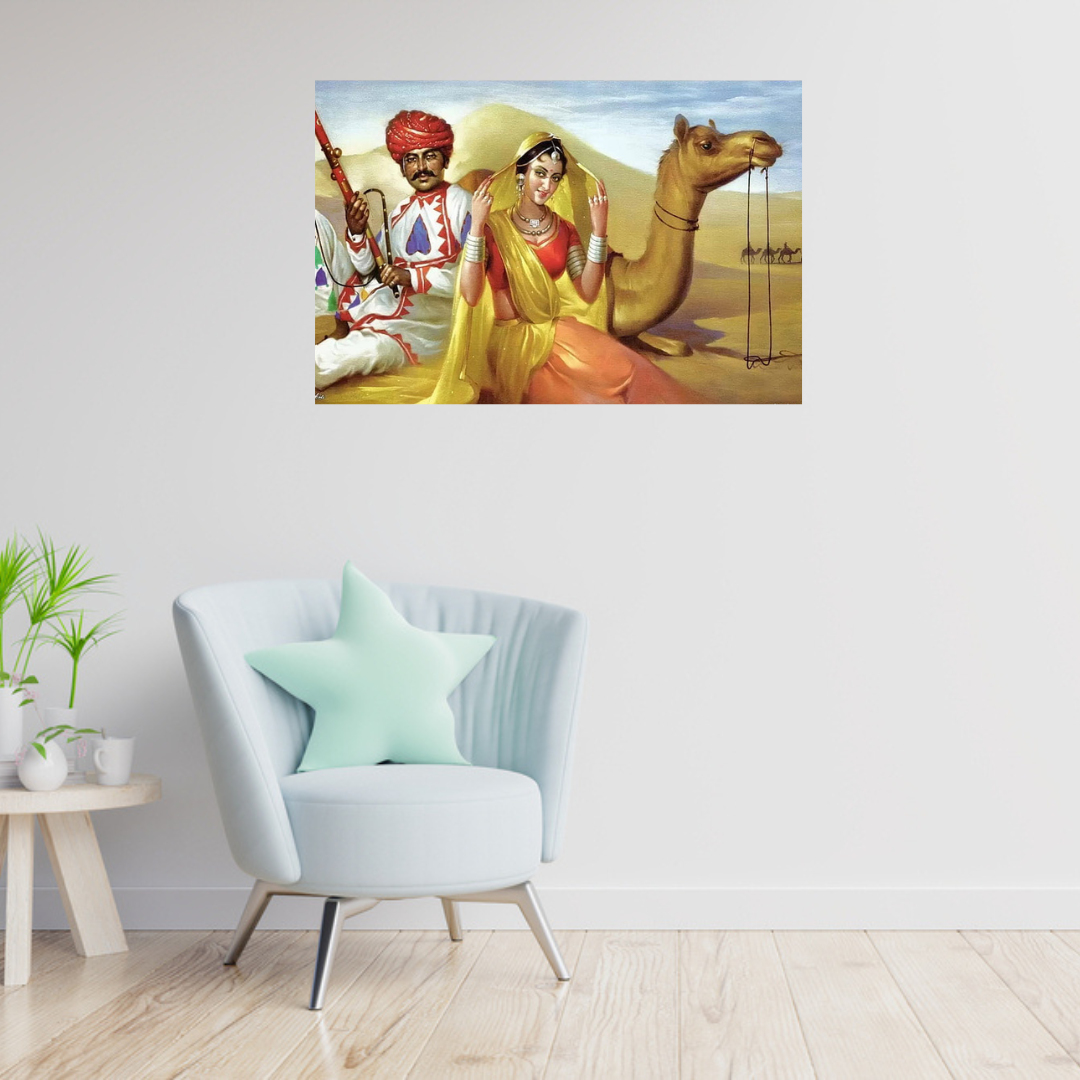 Rajasthani Couple with Camel In Desert Canvas Print Wall Painting