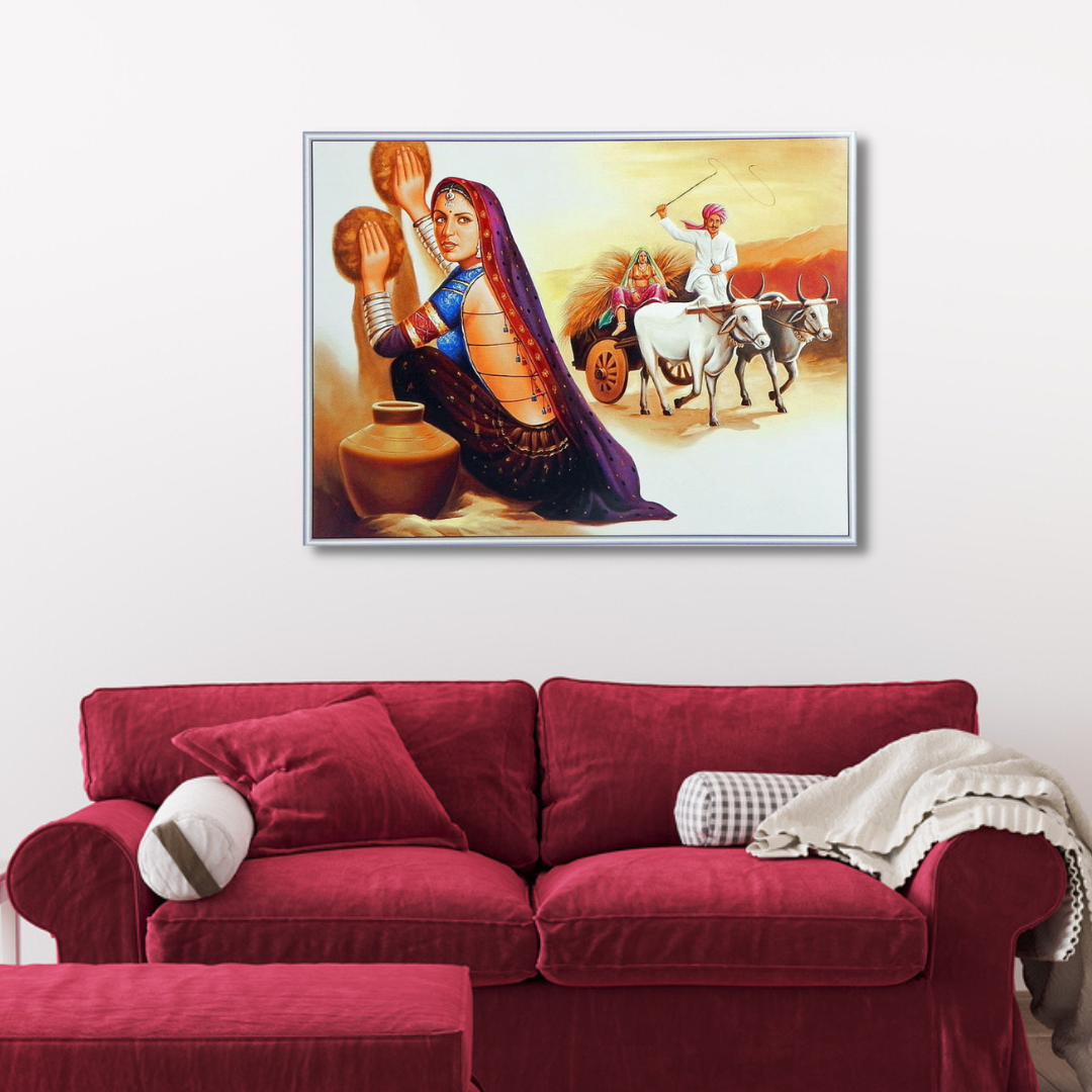 Rajasthani women making thapdi cow canvas print wall painting