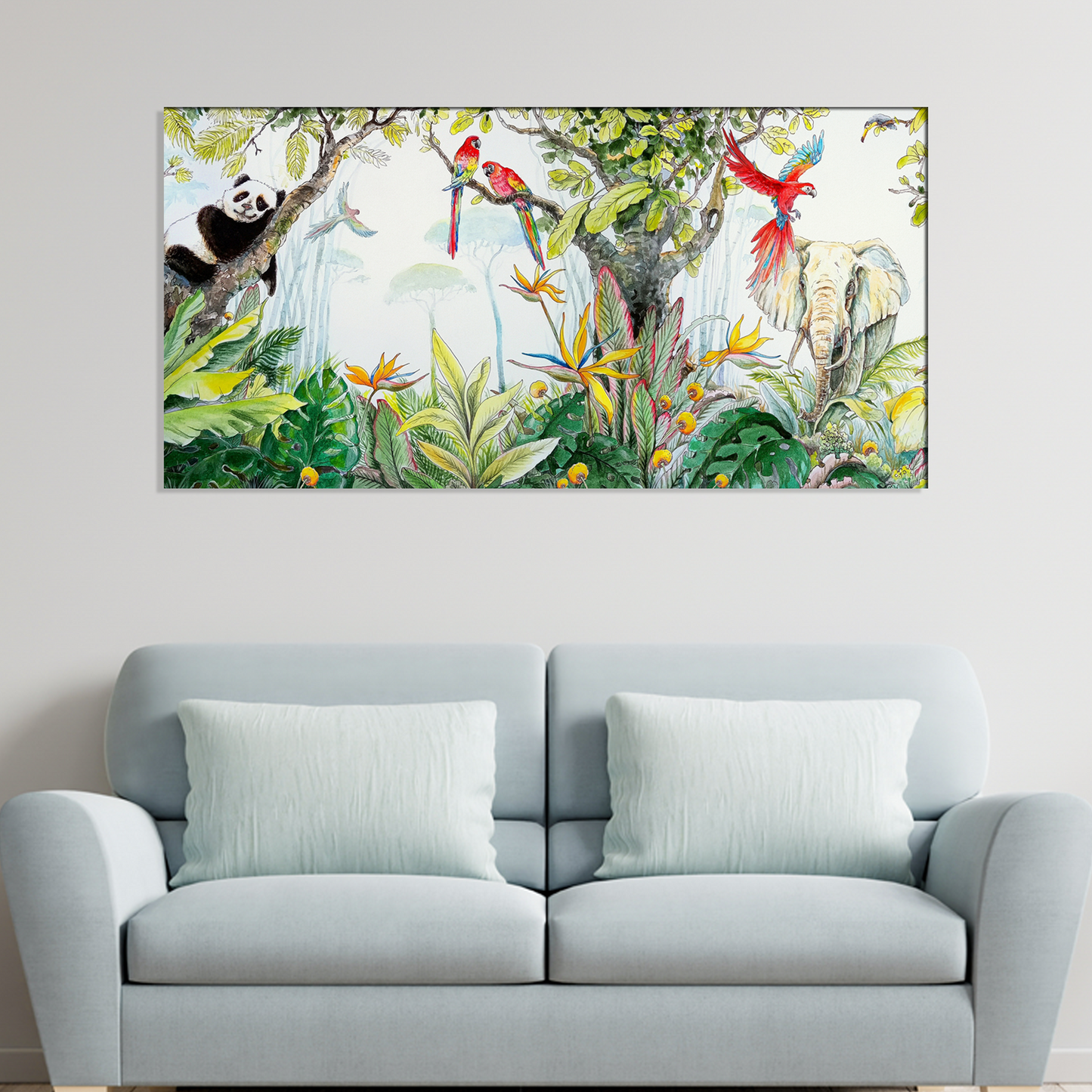 Panda and Birds in the forest Canvas Wall Painting